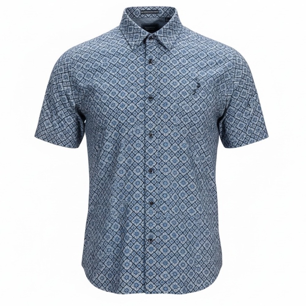 7 Diamonds Rivers of Babylon Men's Large Blue Geometric 4-Way Stretch Shirt‎